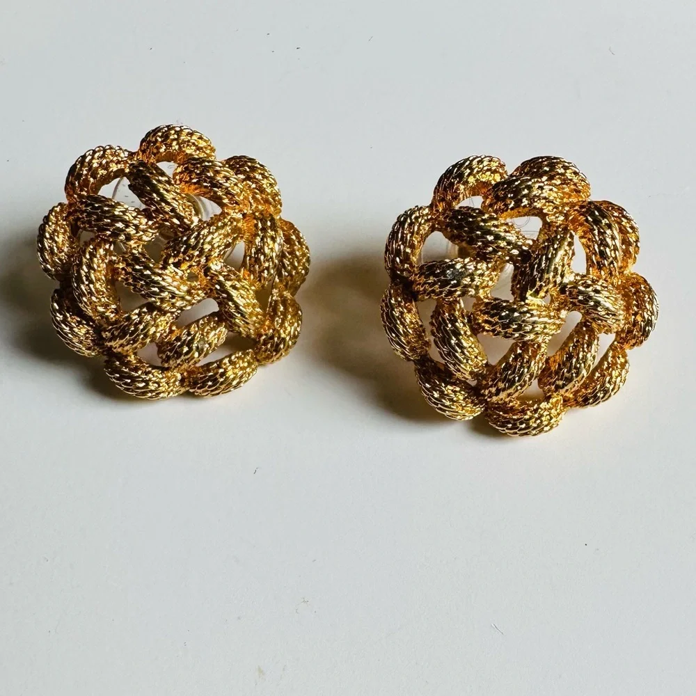 Vintage Monet Golden Weaved Pierced Earrings